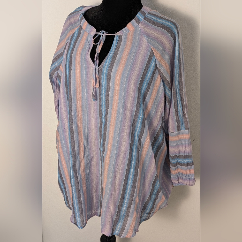 Lane Bryant Women Blue Multicolor Raglan Sleeve Striped Blouse Top Size 16 Lined - Picture 3 of 11